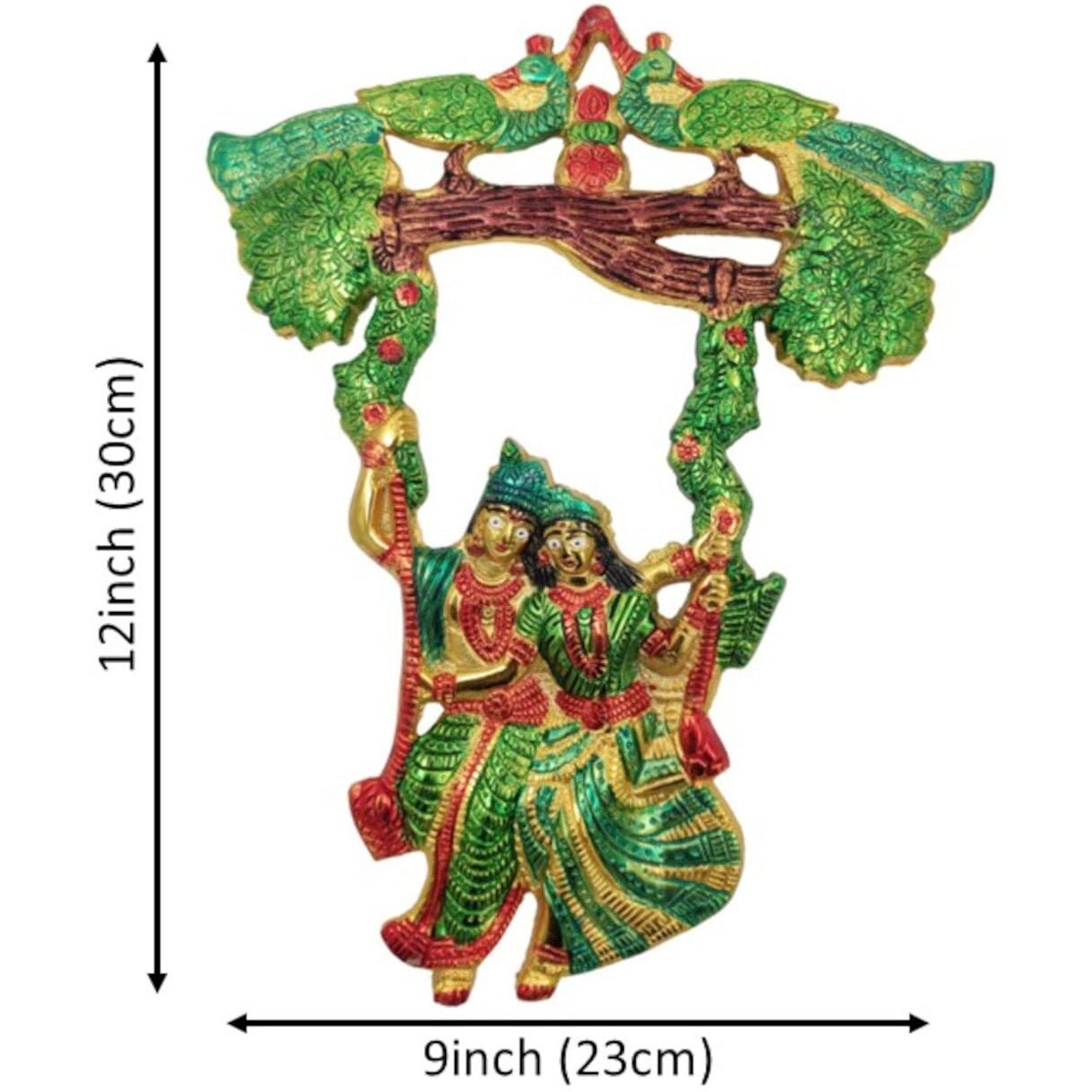 Purpledip Metal Wall Hanging Radha Krishna On Swing Colorful Plaque For Home Temple (12185)