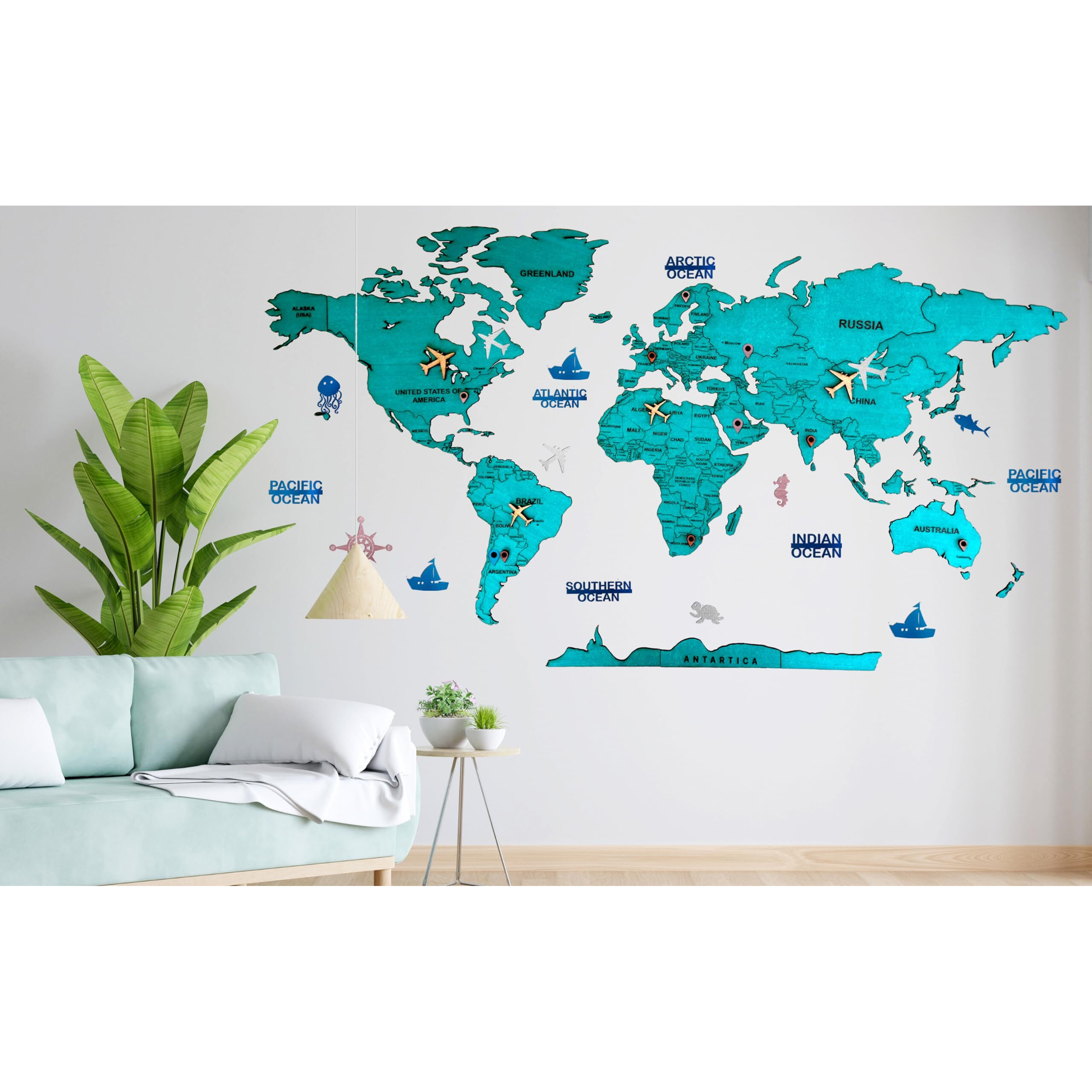 Elk 3D Wooden World Map Wall Decor - Metallic Green Color - Perfect Wall Decor For Travel Enthusiasts | SizeS (90X52Cm)