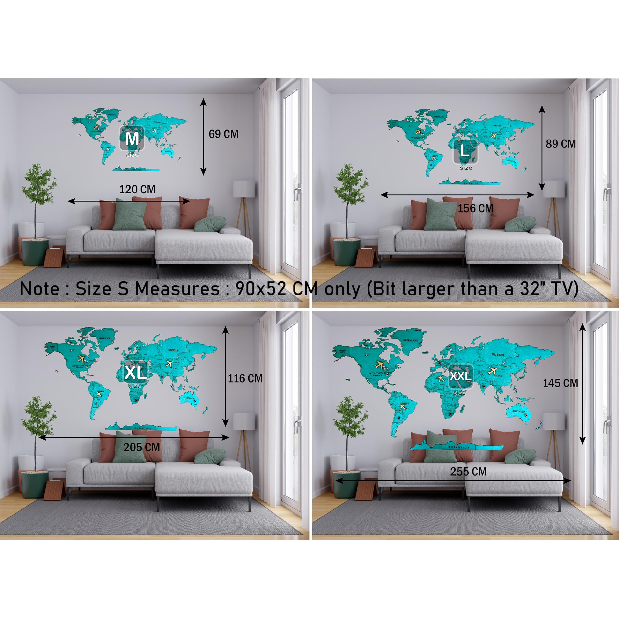 Elk 3D Wooden World Map Wall Decor - Metallic Green Color - Perfect Wall Decor For Travel Enthusiasts | SizeS (90X52Cm)