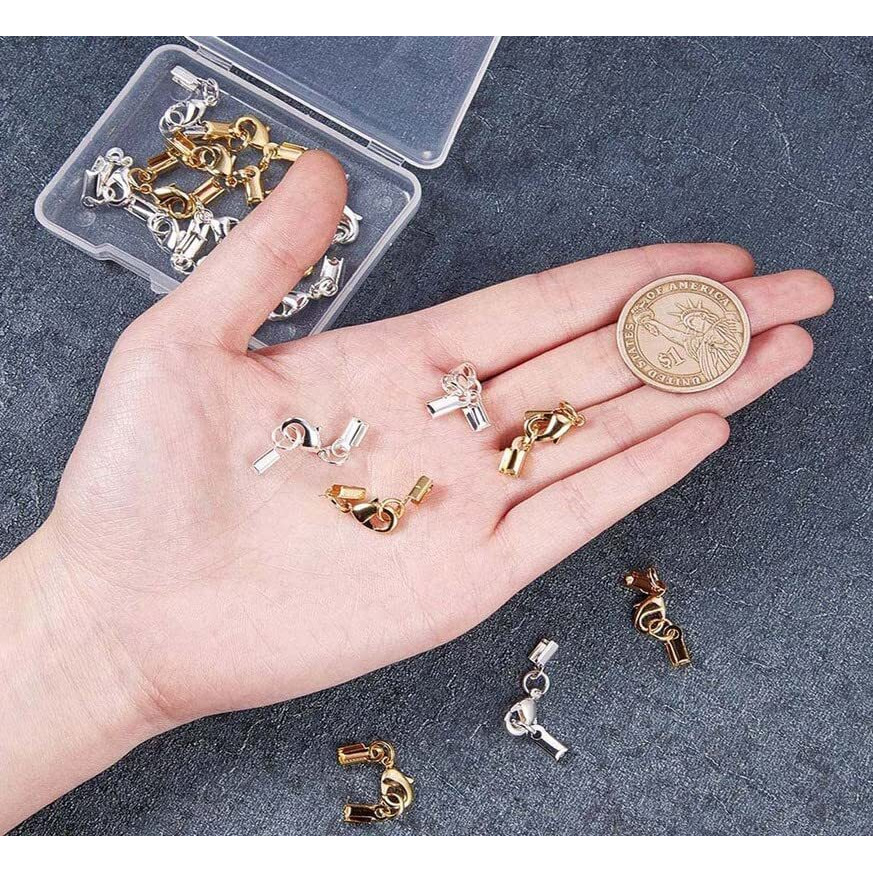 Diy Crafts 25 Sets, Dull Silver, 5-100 Sets Fold Over Cord End Caps Brass Lobster Claw Clasps Terminators Crimp End Tips Necklace Cord E(25 Sets, Dull Silver)