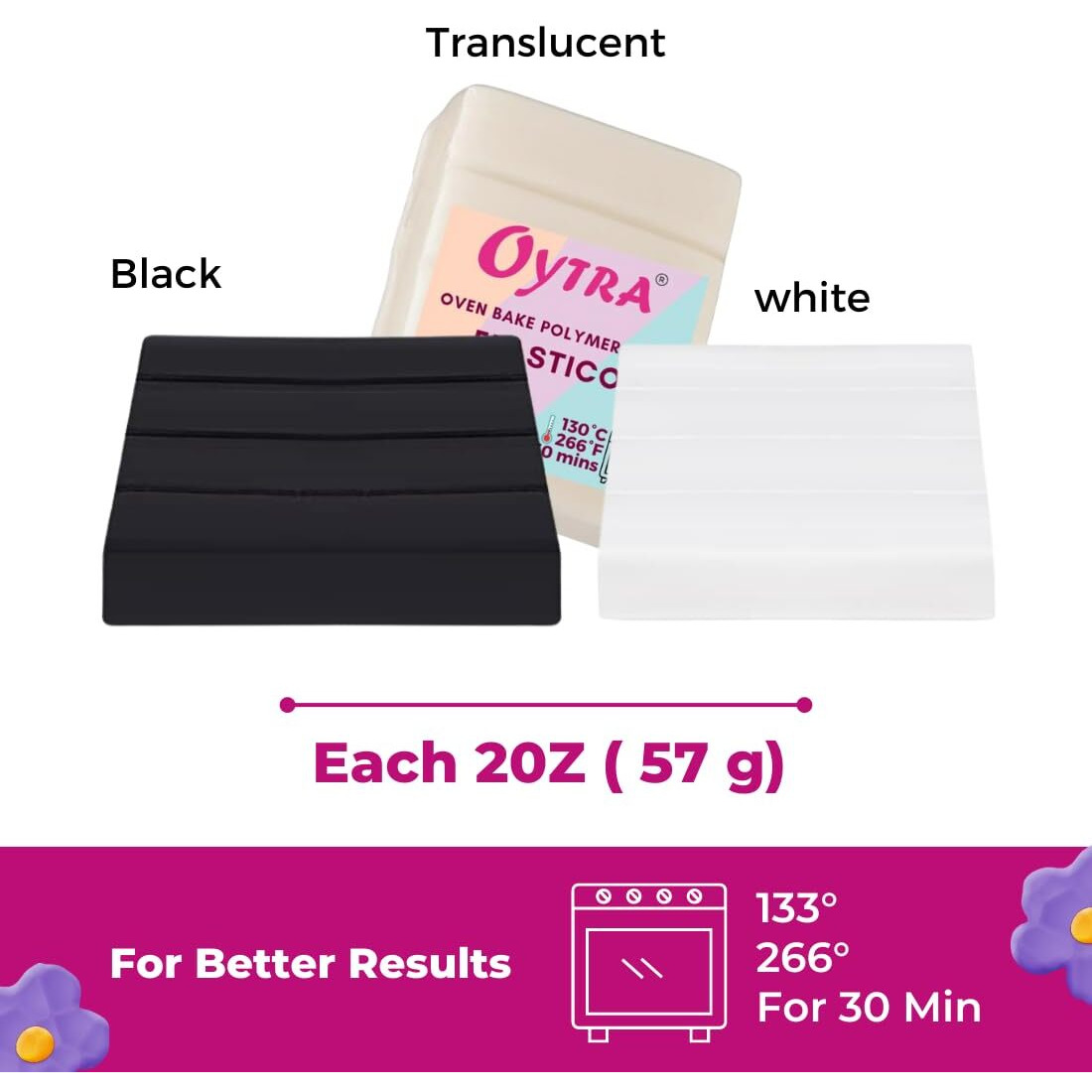 Oytra 3 Colors Polymer Clay Elastico Series Oven Bake Clay 57G/2Oz Per Colour (Black, White, Transculent)