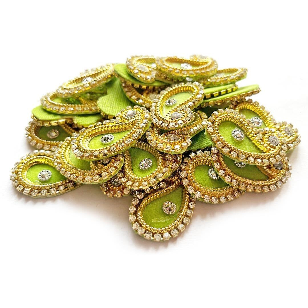 Adikala Paisley Shape Decorative Booty Embroidered Appliqu Patches For Goddess & Laddu Gopal Dress Creation, Art & Craft Diy, Clothes, Blouse, Embroidery Work Set Of 25 (Parrot Green)