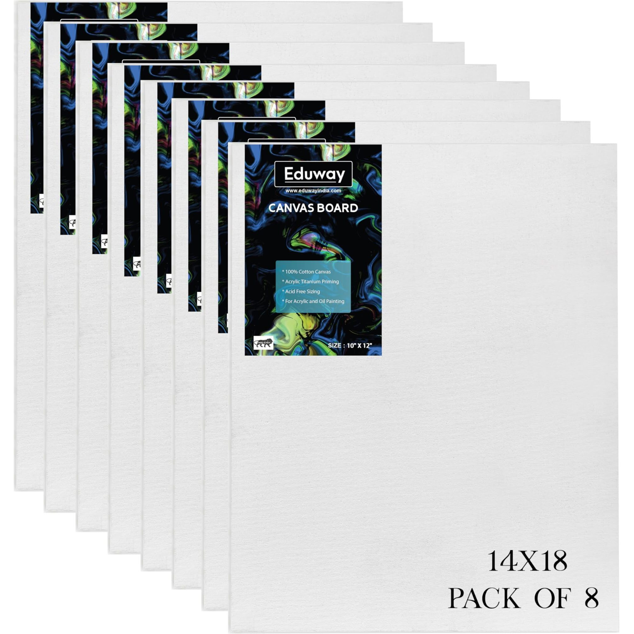 Eduway Canvas Board For Painting- 14X18 Pof 8 | Premium Quality 7Oz Pre-Primed Cotton Canvas Board For Artists & Beginners | Ideal For Acrylic, Oil, Gouache, Pastels Colors (Pack Of 8) (36X46 Cms)