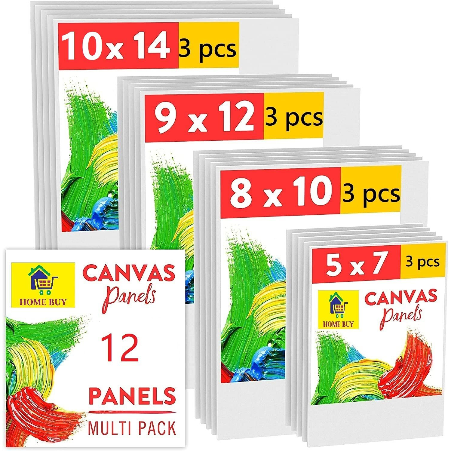 Home Buy Paint Canvases For Painting Multipack - 12 Pack Blank Canvas Panels - 5X7, 8X10, 9X12, 10X14 Inch (3 Each) - Cotton, Primed, Acid Free Art Canvas Boards For Painting Acrylic & Oil