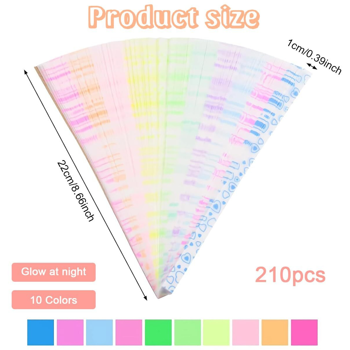 Hasthip 210Pcs Heart-Shaped Glow Star Origami Paper - 10 Assortment Color Star Paper Strip, 8.6" Heart Print Glossy Lucky Stars Decoration Paper Strips For Diy Hand Art Crafts Decor Gifts