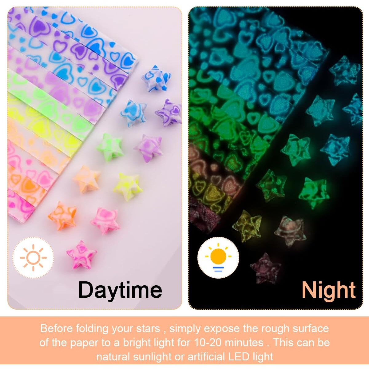 Hasthip 210Pcs Heart-Shaped Glow Star Origami Paper - 10 Assortment Color Star Paper Strip, 8.6" Heart Print Glossy Lucky Stars Decoration Paper Strips For Diy Hand Art Crafts Decor Gifts