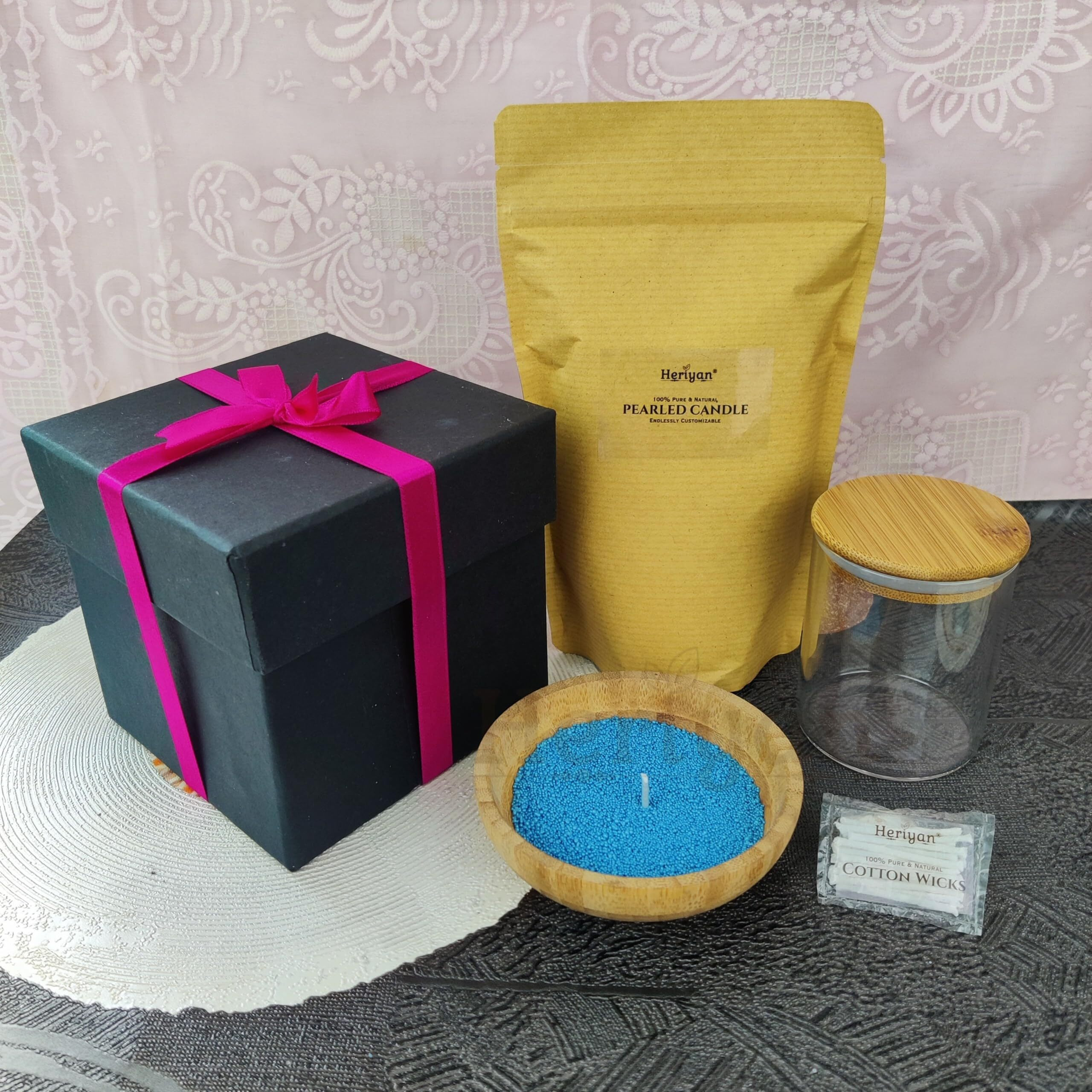 Heriyan Scented, Colored Pearl Candle Round Glass Jar Gift Set | Refillable Candle Color Sand Wax, Pearl Wax With Cotton Wicks For Candle Making (Lemongrass)