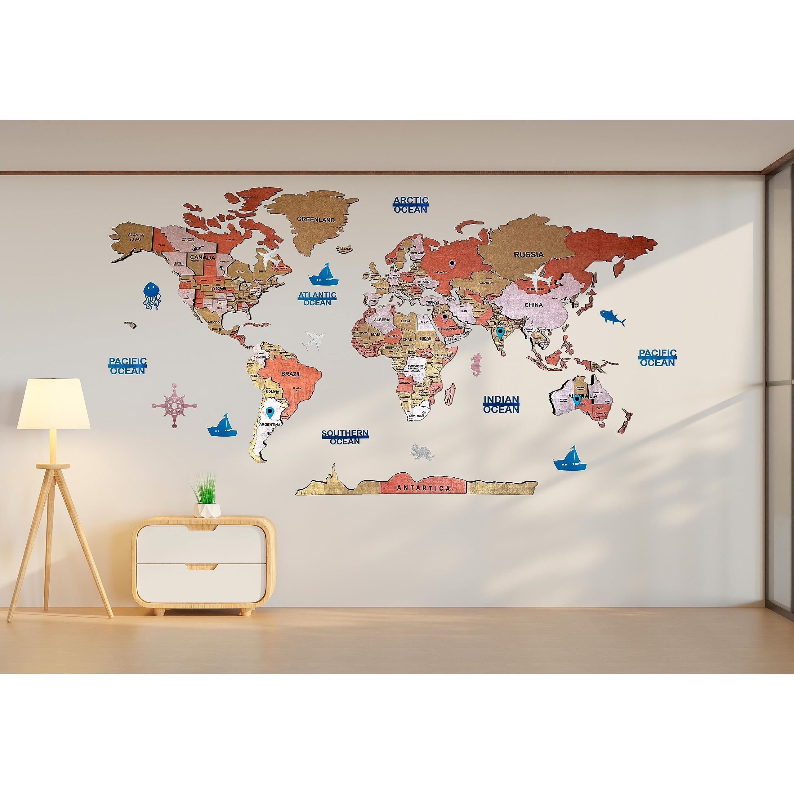 Elk Wooden 3D World Map Wall Decor - All Country Name States And Capitals - Perfect Home Wall Decor For Travel Enthusiasts