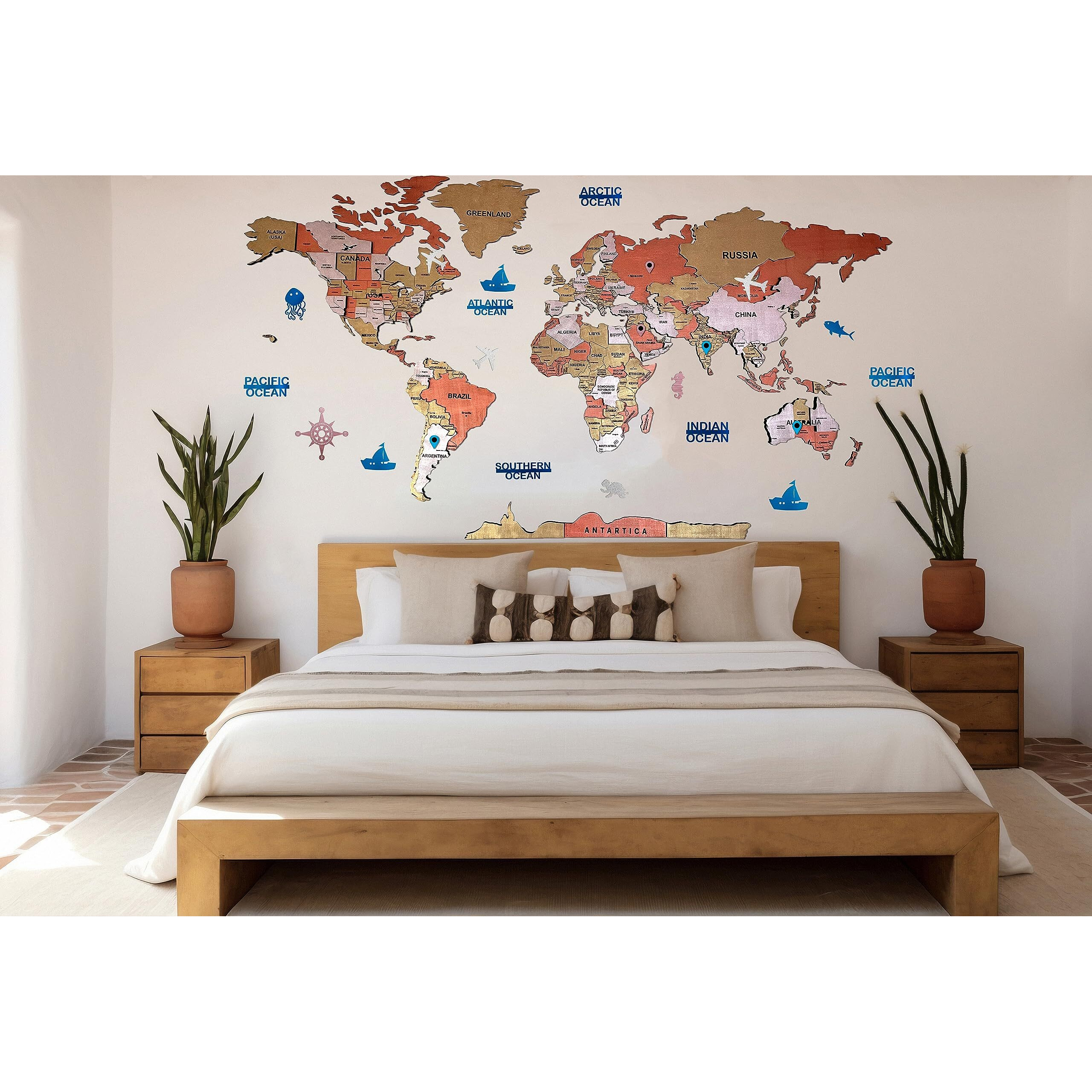 Elk Wooden 3D World Map Wall Decor - All Country Name States And Capitals - Perfect Home Wall Decor For Travel Enthusiasts