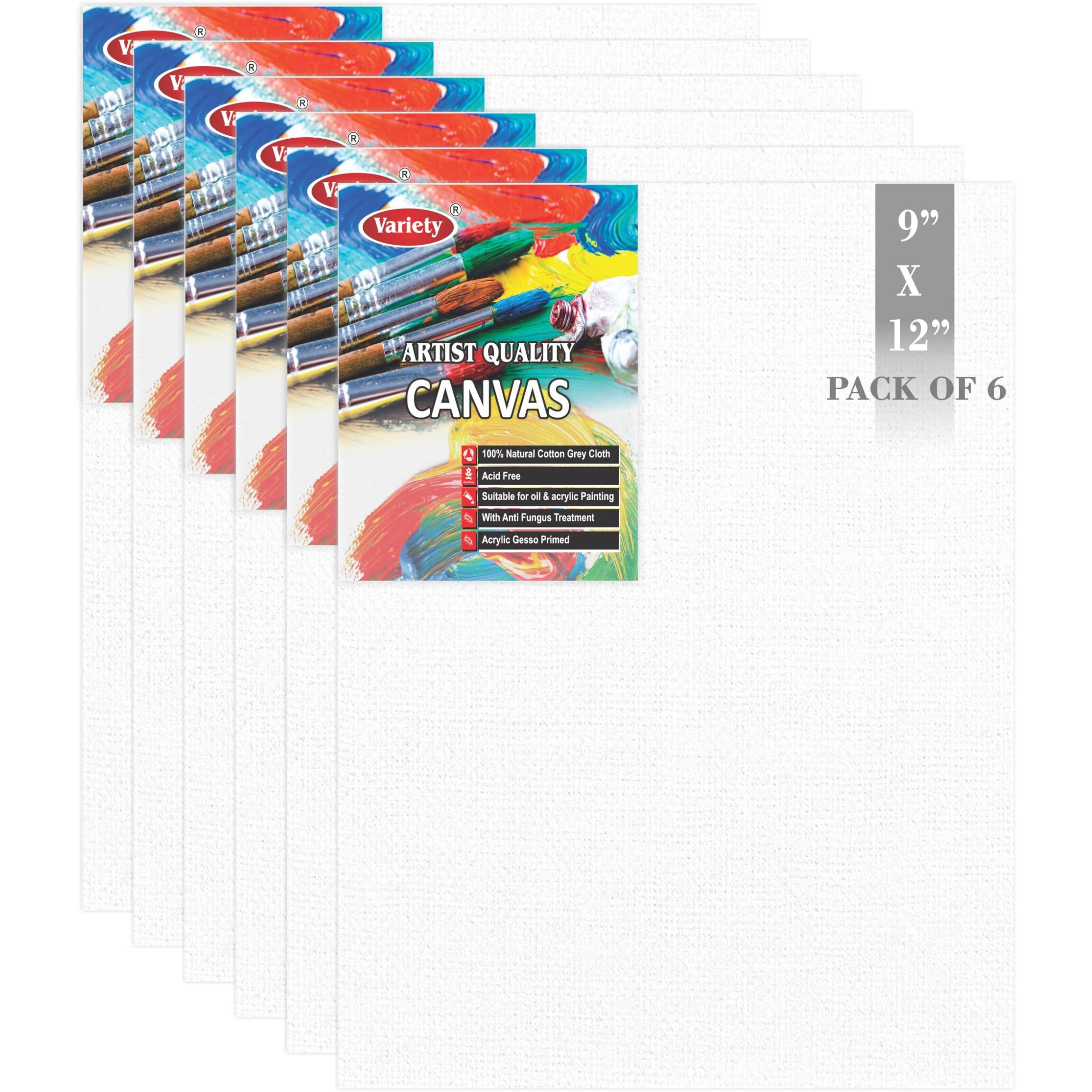 Variety 9 X 12 Inch Cotton Canvas Board For Painting, 7Oz Primed, Pack Of 6 Piece