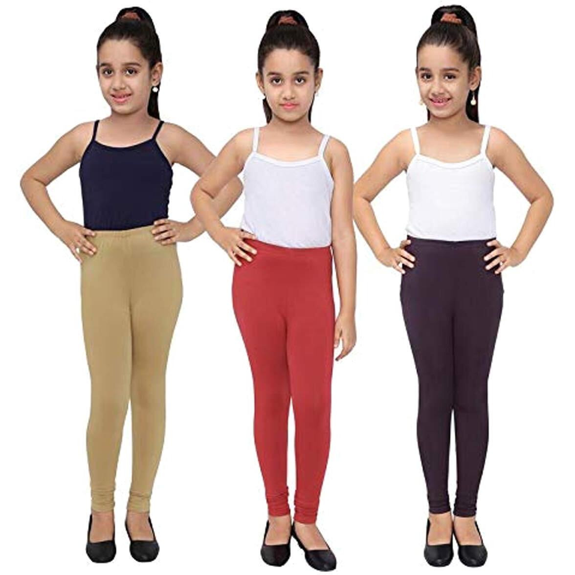 Robinbosky Premium Girls Leggings Brown, Maroon And Red Value Combo Pack Of 3 (13-14 Years, Sandal,Plum And Cherry Red)