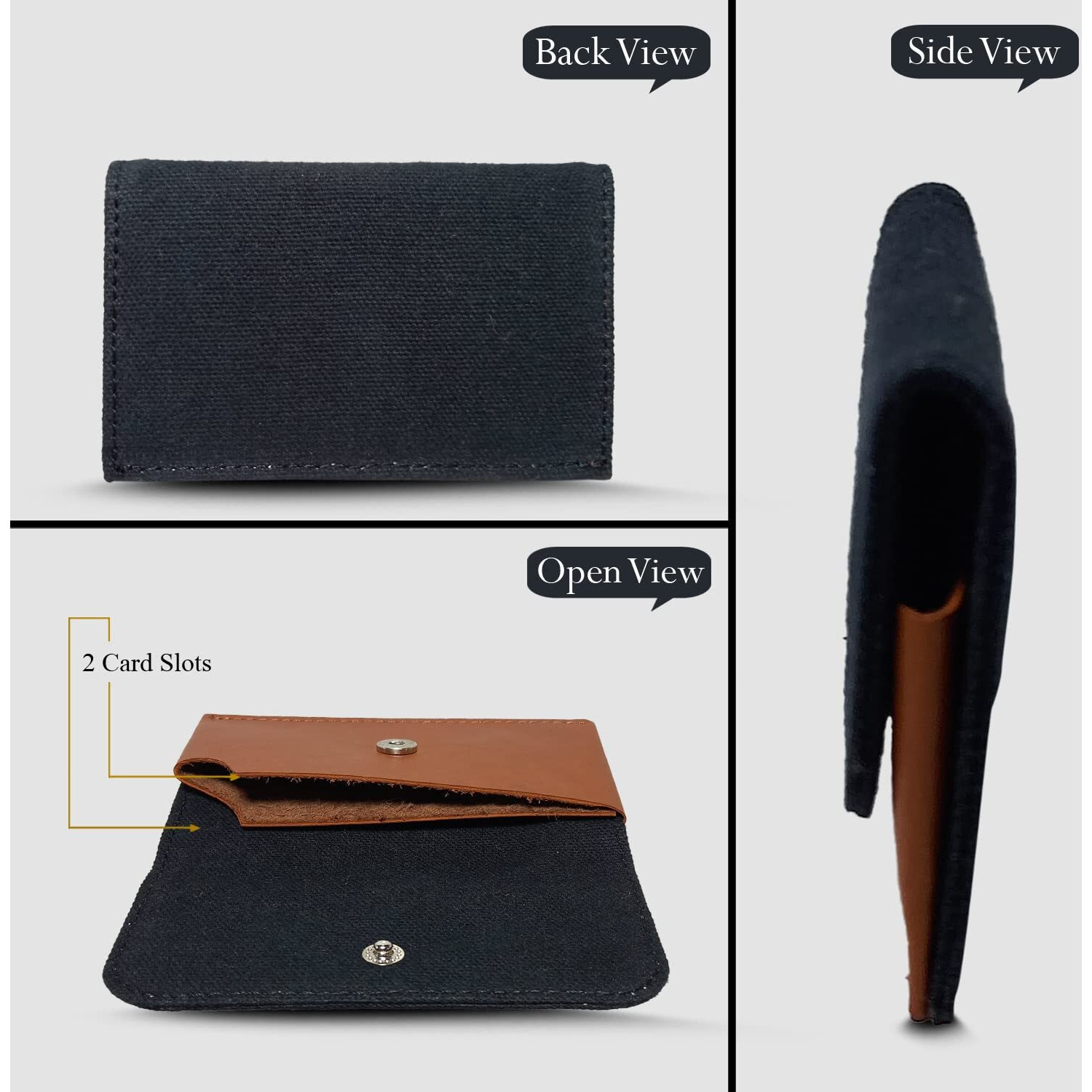 Canvas & Awl Canvas & Genuine Leather Card Holder Pocket Sized Slim Minimalist Wallet Business Card Case (Black & Tan)