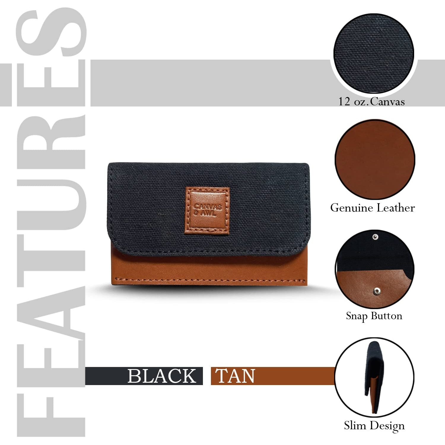 Canvas & Awl Canvas & Genuine Leather Card Holder Pocket Sized Slim Minimalist Wallet Business Card Case (Black & Tan)