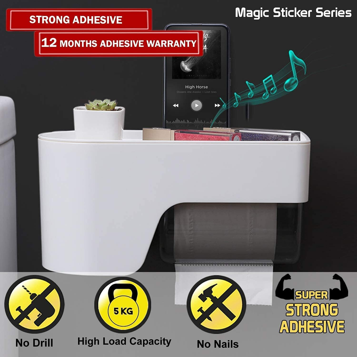 Kienlix Magic Sticker Series Self Adhesive Wall Mount Toilet Tissue Paper Roll Holder For Bathroom With Mobile Stand (29 X 14 X 14 Cm)