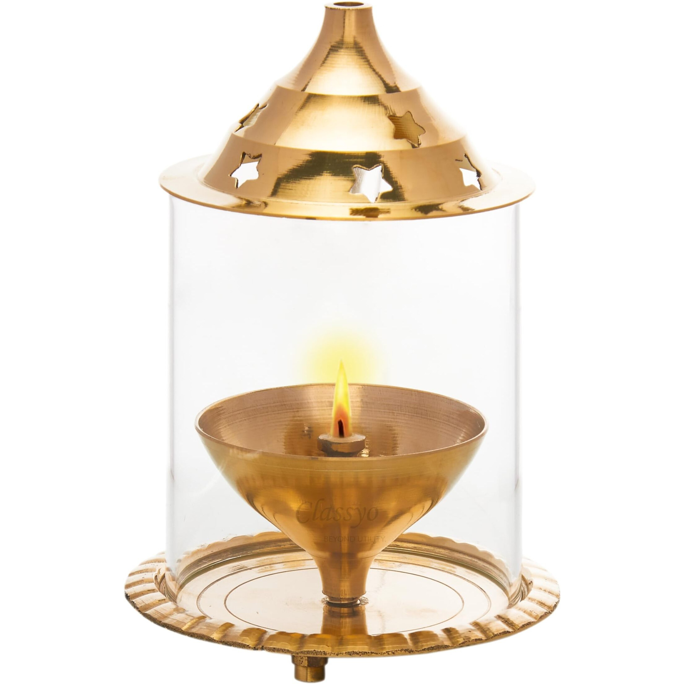Classyo Brass Akhand Diya For Puja With Borosilicate Glass Cover- Diya With Glass Cover- Diyas For Pooja (Medium)