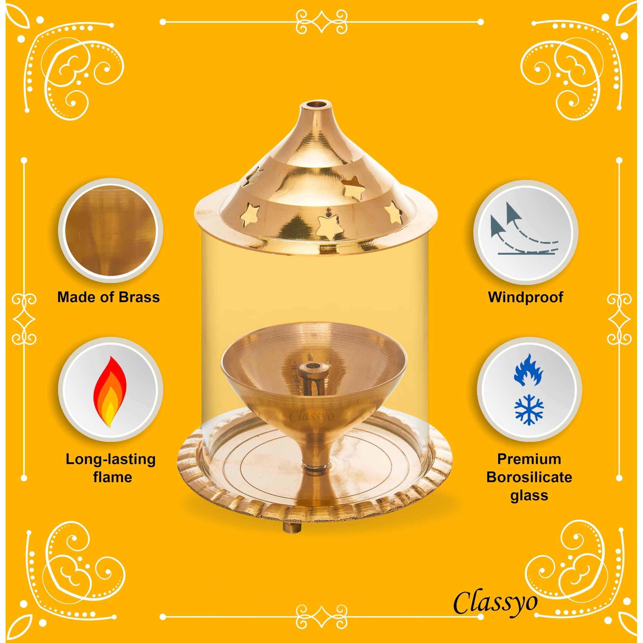 Classyo Brass Akhand Diya For Puja With Borosilicate Glass Cover- Diya With Glass Cover- Diyas For Pooja (Medium)