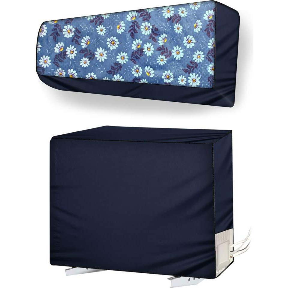 Stylista Ac Cover Set Of Indoor And Outdoor Unit For 2 Ton Capacity Floral Pattern Blueish Grey