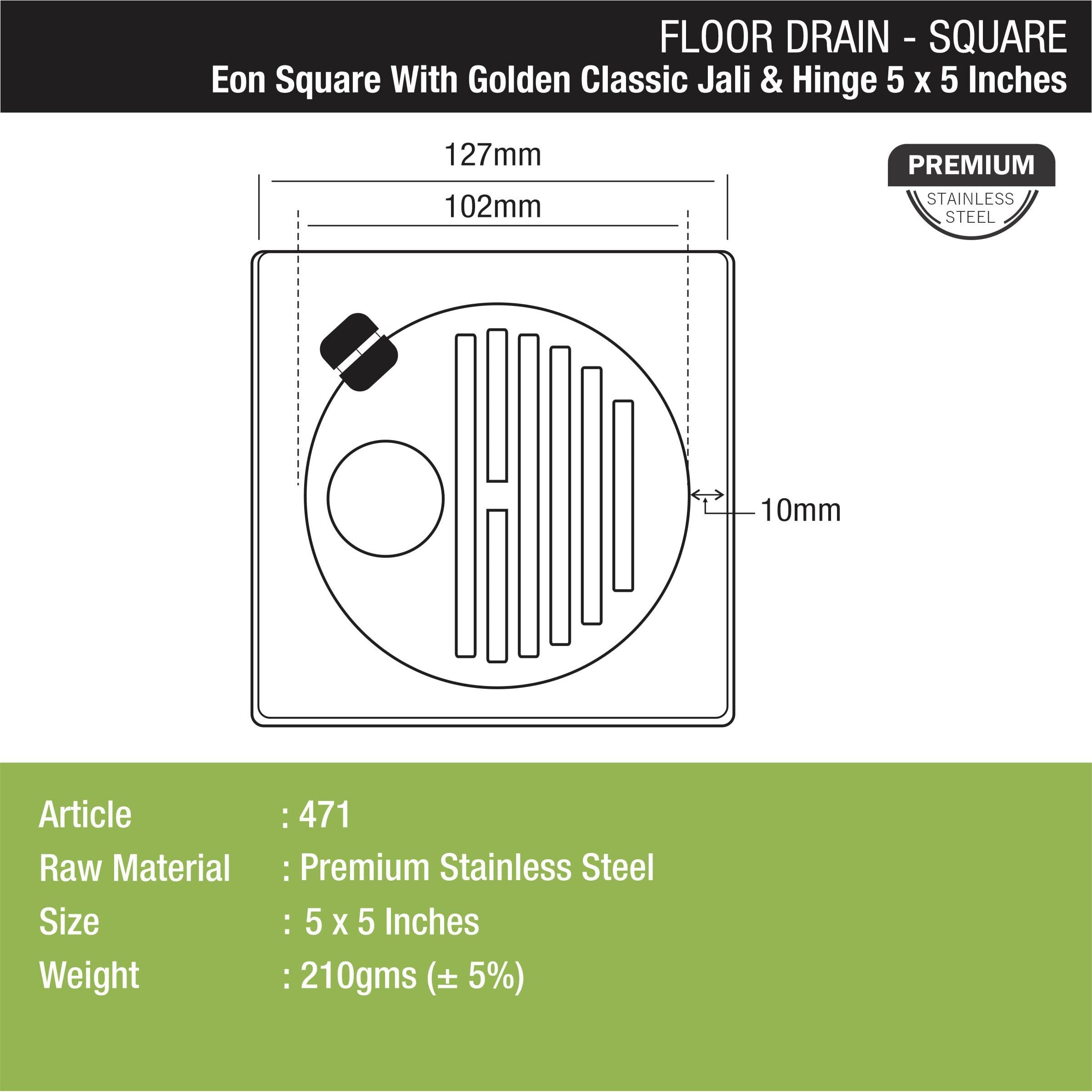 Lipka Eon Square With Golden Classic Jali Floor Drain |Premium Stainless Steel |5 X 5 Inches| With Hinge & Hole|