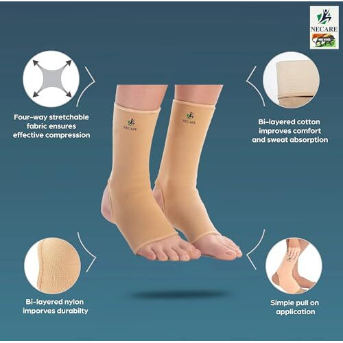 Necare Premium Nylon & Cotton Orthopedic Pain Relief Ankle Compression Support Cap Brace/Sleeves (1 Pair), For Men And Women (Xl, Beige)