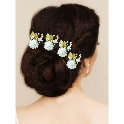Hair Flare Artificial Flower With Pearl Bridal Hair Pin/Hair Clip/Side Pin/Comb Pin/Hair Accessories/Judapin For Women & Girls - 2397, White