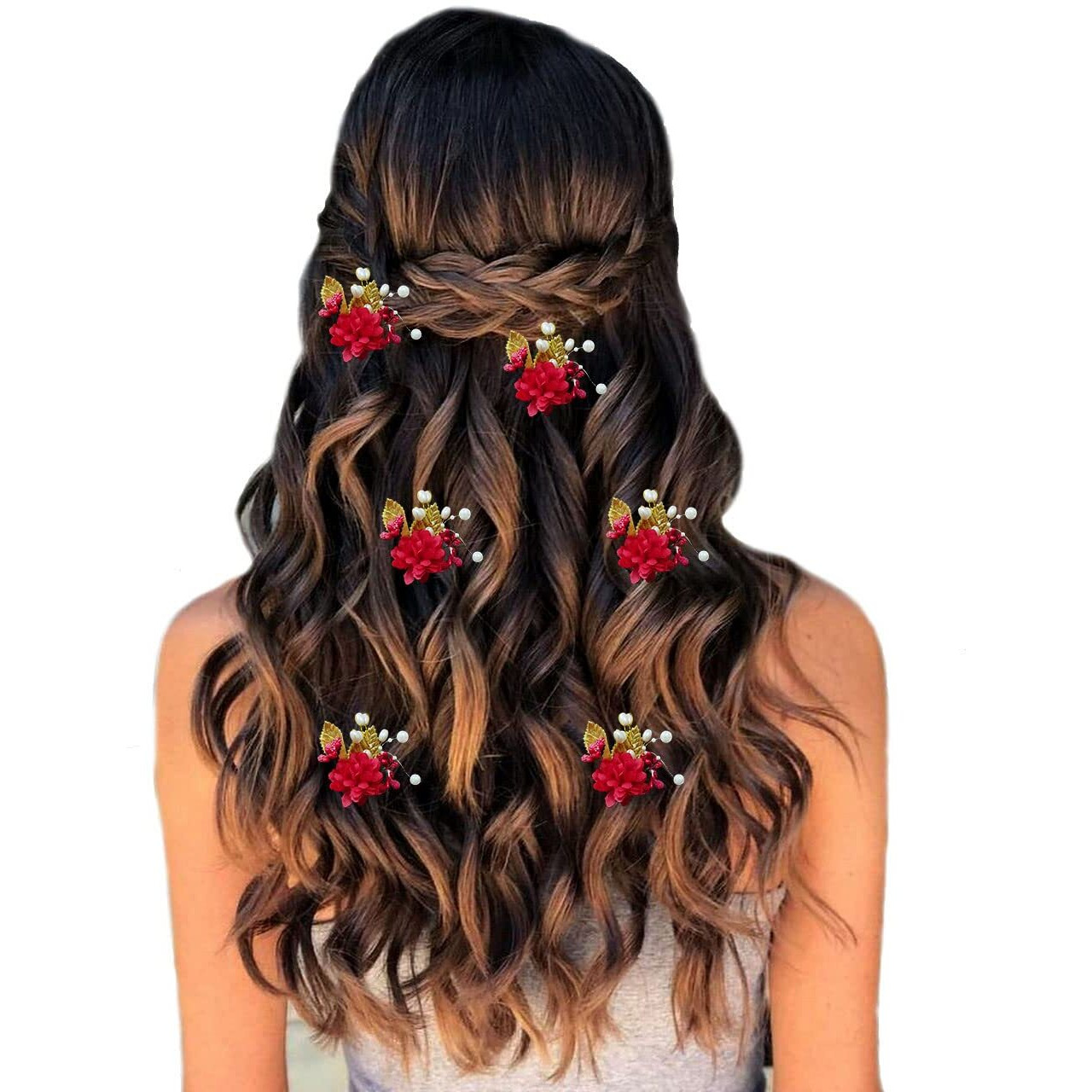 Hair Flare Artificial Flower With Pearl And Metal Leaf Hair Pin/Bridal Hairpin Accessories/Hair Clip/Side Judapin For Women & Girls - 2397, Red, Pack Of 6
