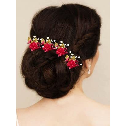 Hair Flare Artificial Flower With Pearl And Metal Leaf Hair Pin/Bridal Hairpin Accessories/Hair Clip/Side Judapin For Women & Girls - 2397, Red, Pack Of 6