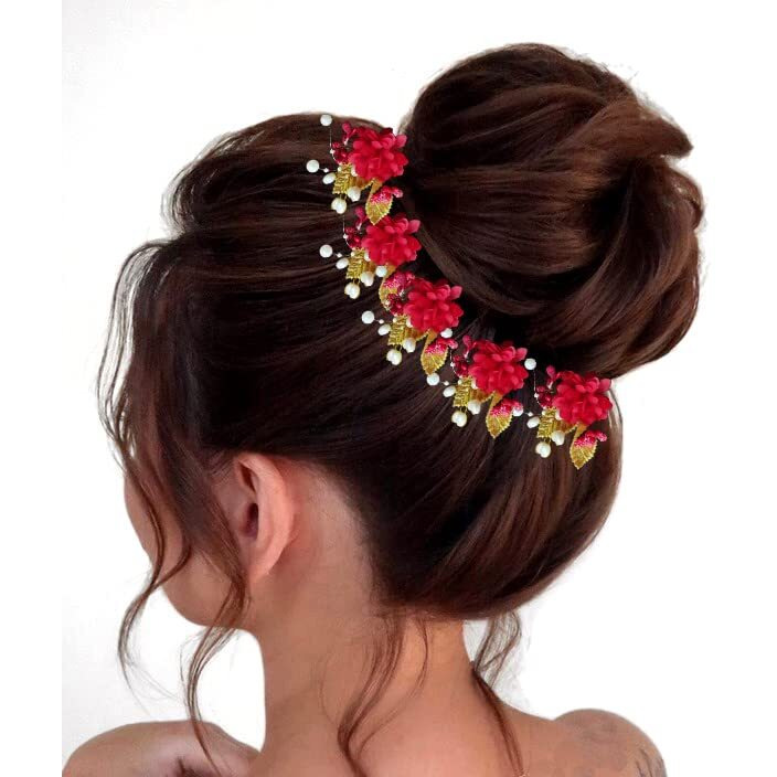 Hair Flare Artificial Flower With Pearl And Metal Leaf Hair Pin/Bridal Hairpin Accessories/Hair Clip/Side Judapin For Women & Girls - 2397, Red, Pack Of 6