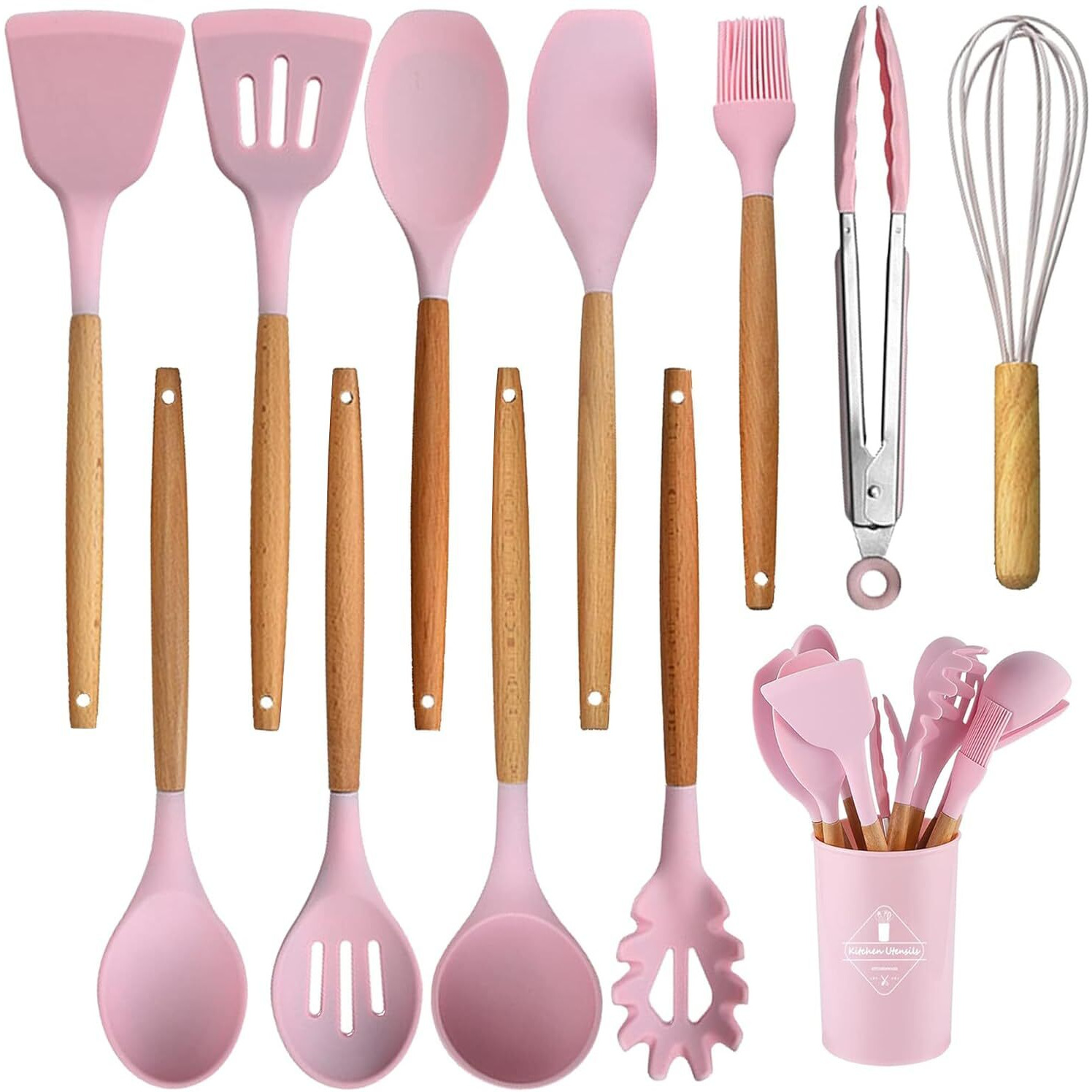 Fruitalite Silicone Kitchen Utensils Spoon Spatula Cooking Set- 12 Pcs Non-Stick With Wooden Handle- Bpa Free, Heat Resistant Item, Flexible Non Toxic Silicon Cookware Tools With Holder- Pink
