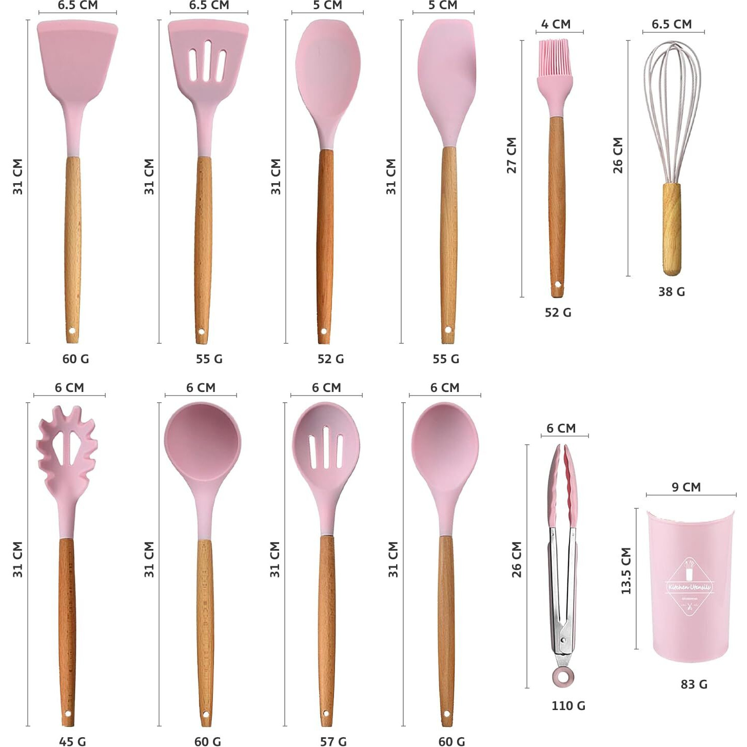 Fruitalite Silicone Kitchen Utensils Spoon Spatula Cooking Set- 12 Pcs Non-Stick With Wooden Handle- Bpa Free, Heat Resistant Item, Flexible Non Toxic Silicon Cookware Tools With Holder- Pink