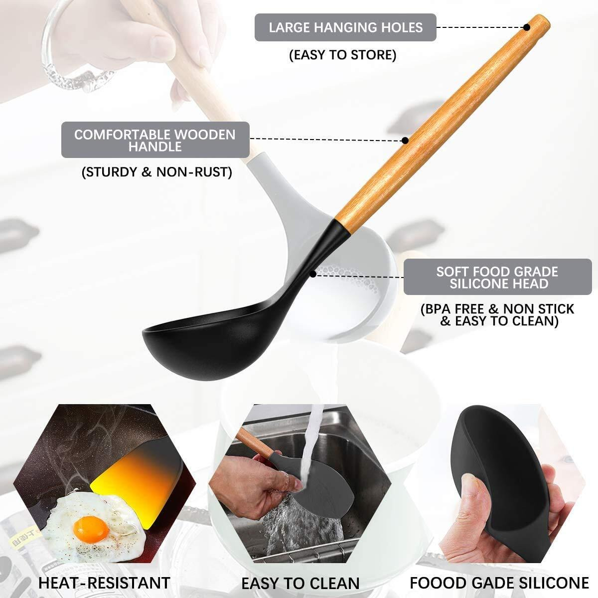 Fruitalite Silicone Kitchen Utensils Spoon Spatula Cooking Set- 12 Pcs Non-Stick With Wooden Handle- Bpa Free, Heat Resistant Item, Flexible Non Toxic Silicon Cookware Tools With Holder- Pink