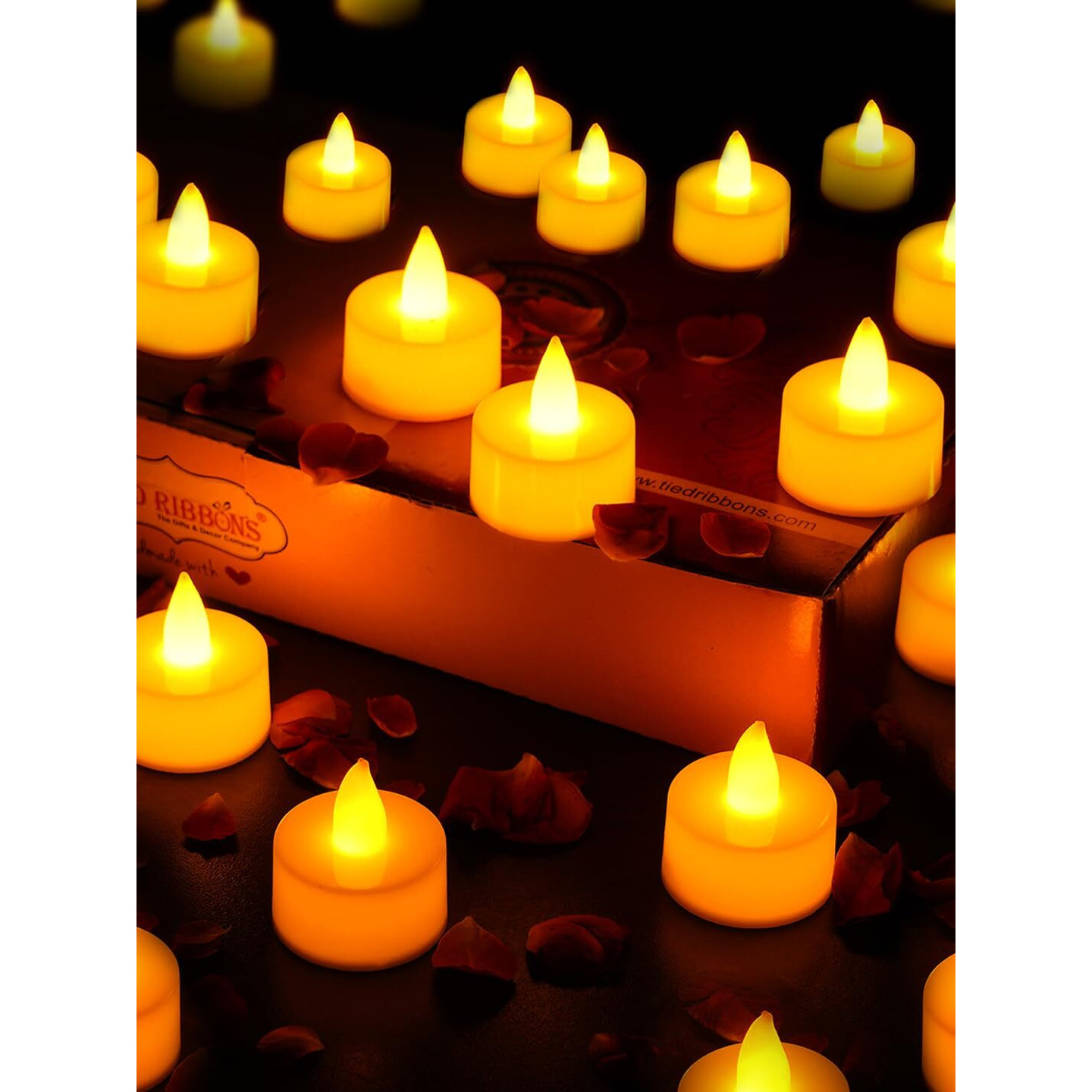 Tied Ribbons 24 Pcs Flameless And Smokeless Decorative Led Tea Light Candles Battery Operated For Home Decor Balcony Table Top Pooja Room Office Festival Valentine Decoration Items