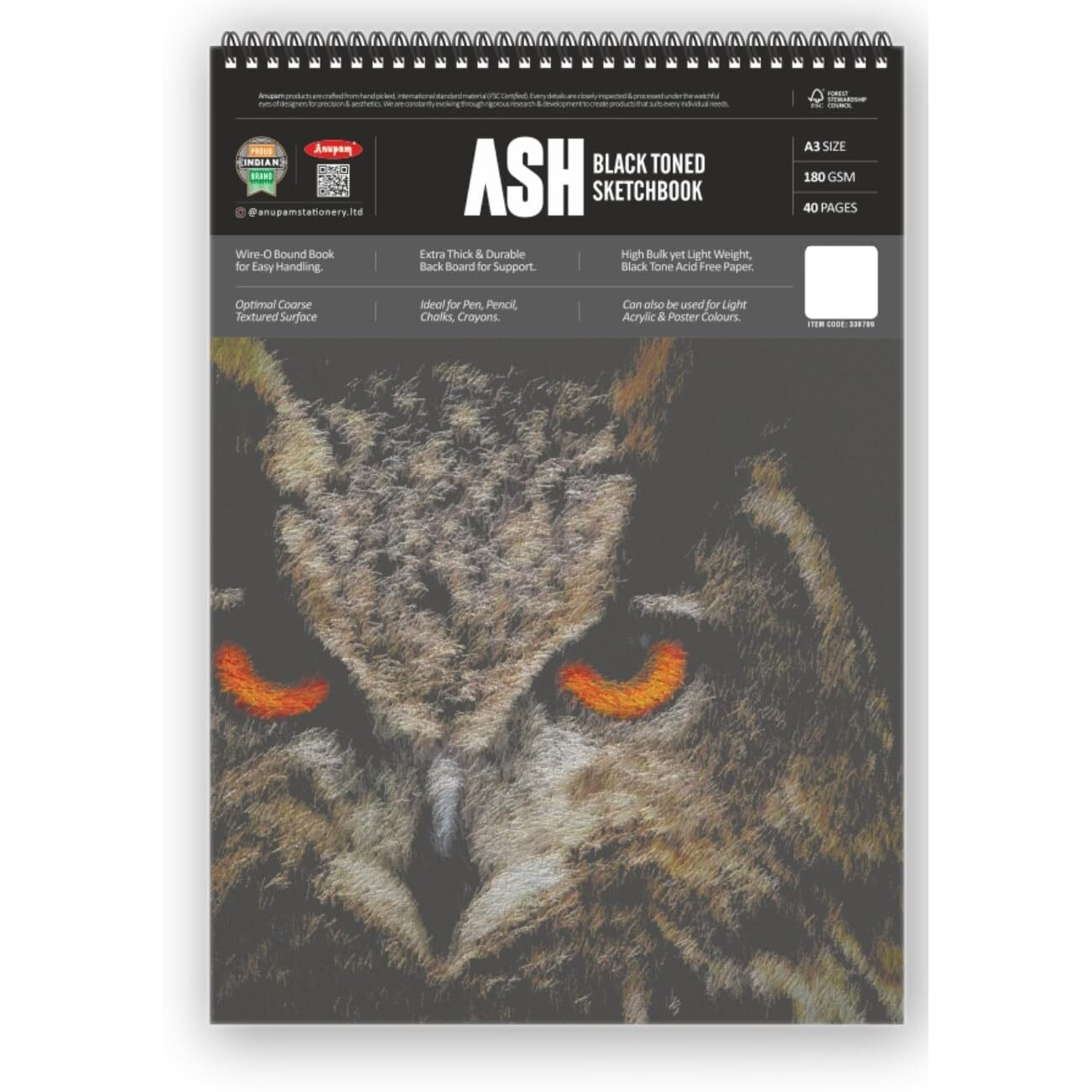 Anupam Ash Black Toned Sketch Book A3 Size Spiral Binding Drawing Notebook 140Gsm For Sketching & Drawing With Pen Pencil Charcoal Pastel & Wax Crayon For Artist's & Amateurs (40 Pages / 20 Sheets)