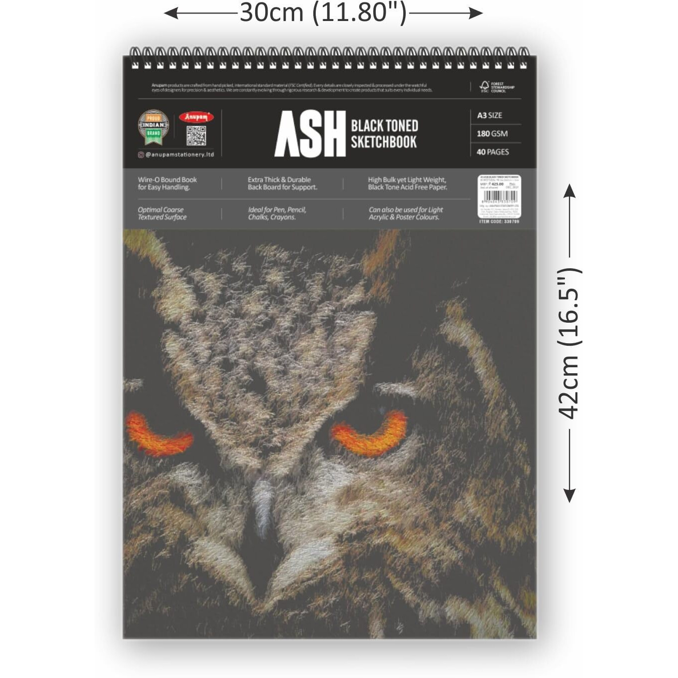 Anupam Ash Black Toned Sketch Book A3 Size Spiral Binding Drawing Notebook 140Gsm For Sketching & Drawing With Pen Pencil Charcoal Pastel & Wax Crayon For Artist's & Amateurs (40 Pages / 20 Sheets)