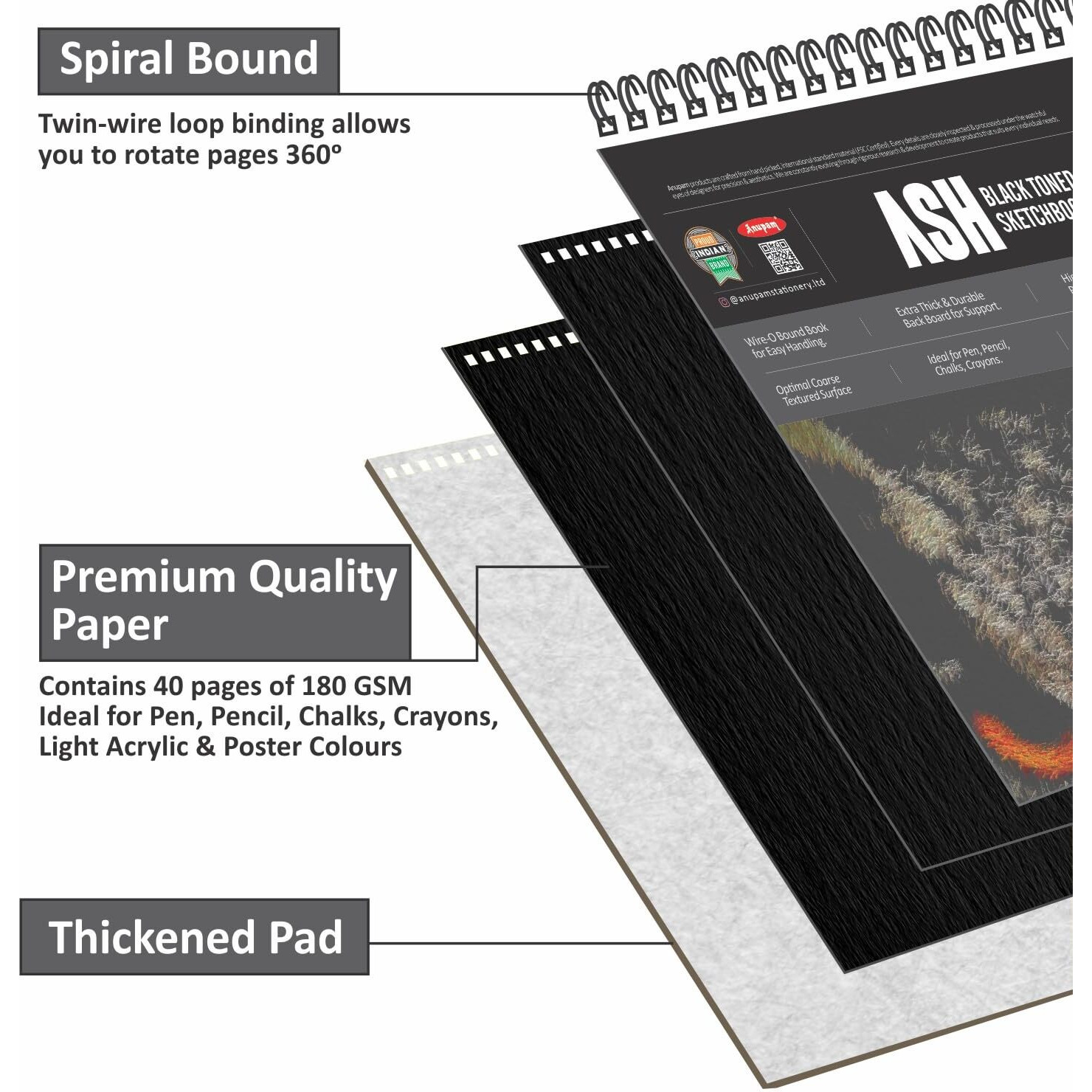Anupam Ash Black Toned Sketch Book A3 Size Spiral Binding Drawing Notebook 140Gsm For Sketching & Drawing With Pen Pencil Charcoal Pastel & Wax Crayon For Artist's & Amateurs (40 Pages / 20 Sheets)