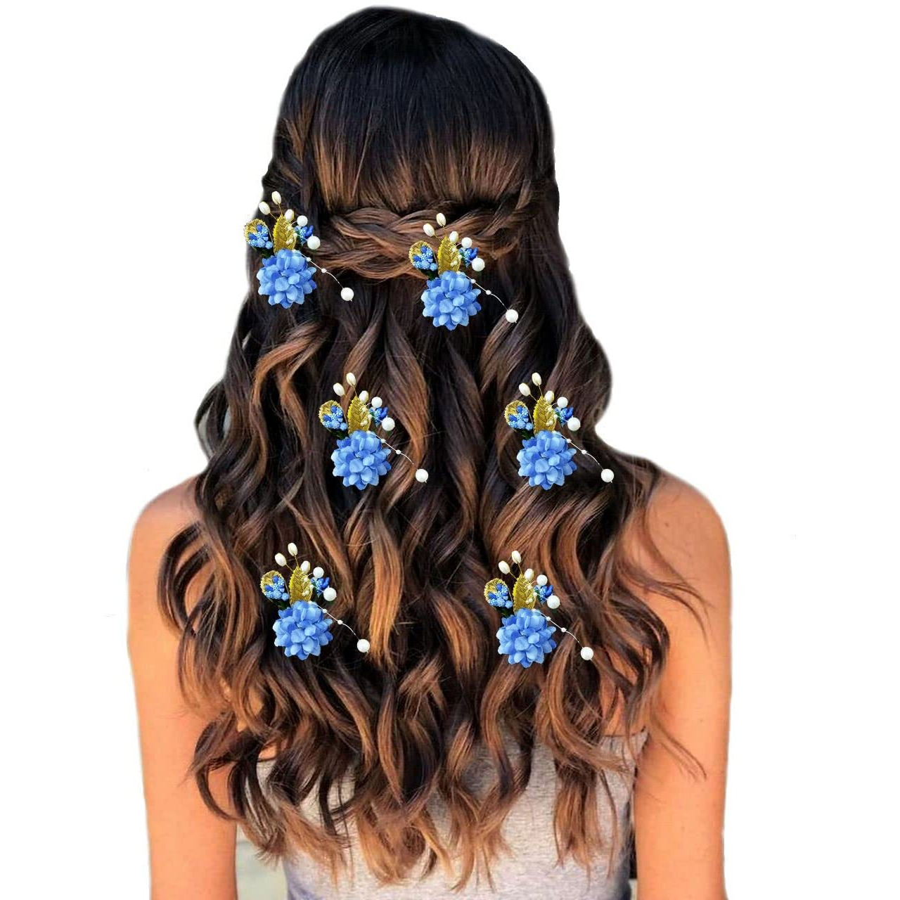 Hair Flare Artificial Flower With Pearl Bridal Hair Pin/Hair Clip/Side Pin/Comb Pin/Hair Accessories/Judapin For Women & Girls - 2397, Blue, Pack Of 1