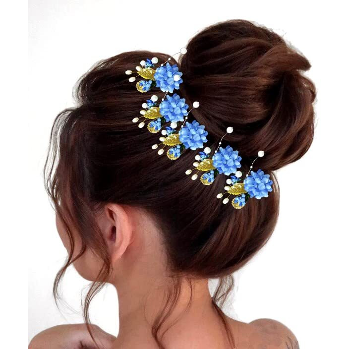Hair Flare Artificial Flower With Pearl Bridal Hair Pin/Hair Clip/Side Pin/Comb Pin/Hair Accessories/Judapin For Women & Girls - 2397, Blue, Pack Of 1