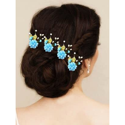 Hair Flare Artificial Flower With Pearl Bridal Hair Pin/Hair Clip/Side Pin/Comb Pin/Hair Accessories/Judapin For Women & Girls - 2397, Skyblue