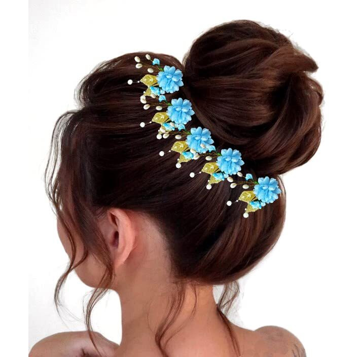 Hair Flare Artificial Flower With Pearl Bridal Hair Pin/Hair Clip/Side Pin/Comb Pin/Hair Accessories/Judapin For Women & Girls - 2397, Skyblue