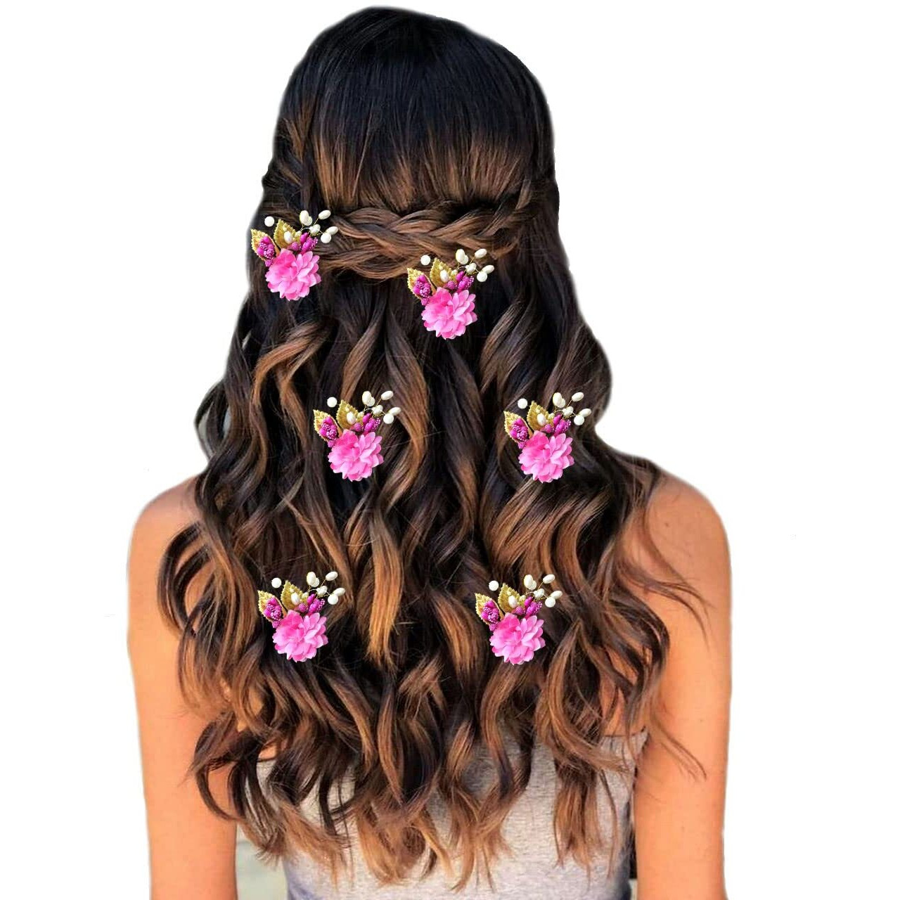 Hair Flare Artificial Flower With Pearl And Metal Leaf Hair Pin/Bridal Hairpin Accessories/Hair Clip/Side Judapin For Women & Girls - 2397, Dark Pink, Pack Of 6