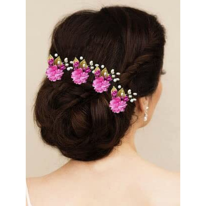 Hair Flare Artificial Flower With Pearl And Metal Leaf Hair Pin/Bridal Hairpin Accessories/Hair Clip/Side Judapin For Women & Girls - 2397, Dark Pink, Pack Of 6