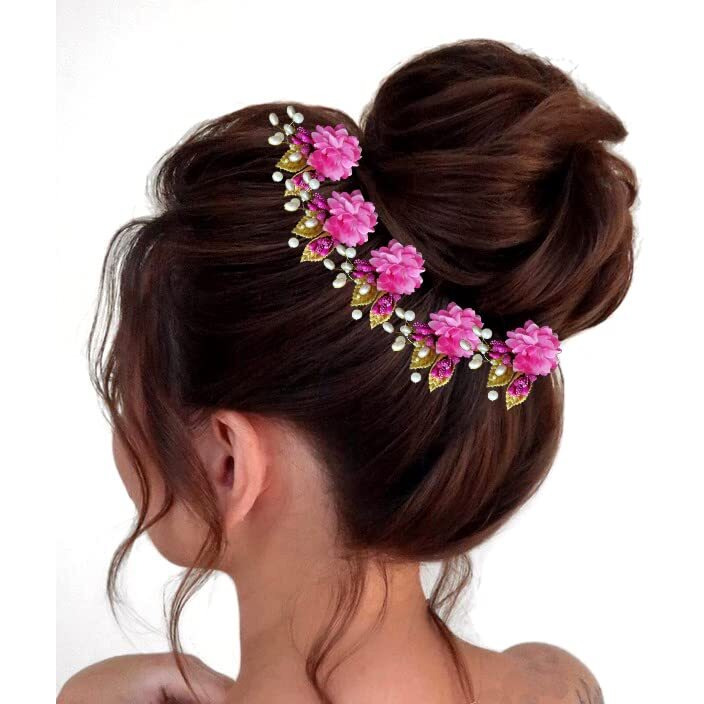 Hair Flare Artificial Flower With Pearl And Metal Leaf Hair Pin/Bridal Hairpin Accessories/Hair Clip/Side Judapin For Women & Girls - 2397, Dark Pink, Pack Of 6
