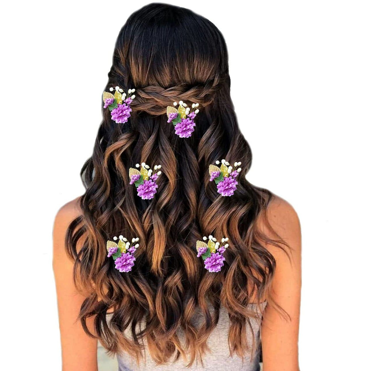 Hair Flare Artificial Flower With Pearl And Metal Leaf Hair Pin/Bridal Hairpin Accessories/Hair Clip/Side Judapin For Women & Girls - 2397, Purple, Pack Of 6