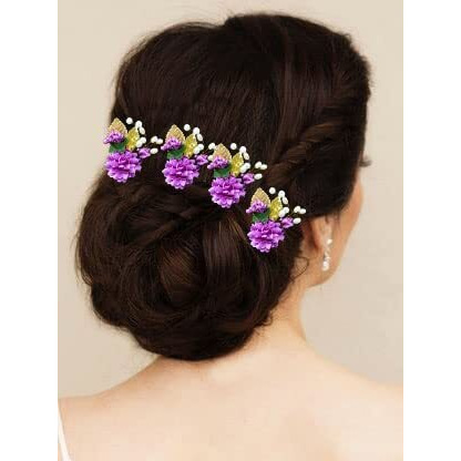 Hair Flare Artificial Flower With Pearl And Metal Leaf Hair Pin/Bridal Hairpin Accessories/Hair Clip/Side Judapin For Women & Girls - 2397, Purple, Pack Of 6