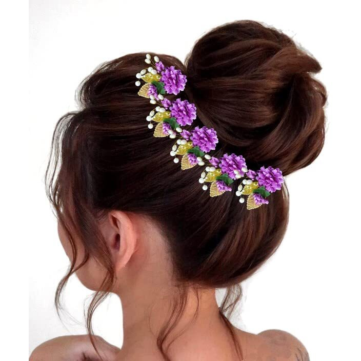 Hair Flare Artificial Flower With Pearl And Metal Leaf Hair Pin/Bridal Hairpin Accessories/Hair Clip/Side Judapin For Women & Girls - 2397, Purple, Pack Of 6