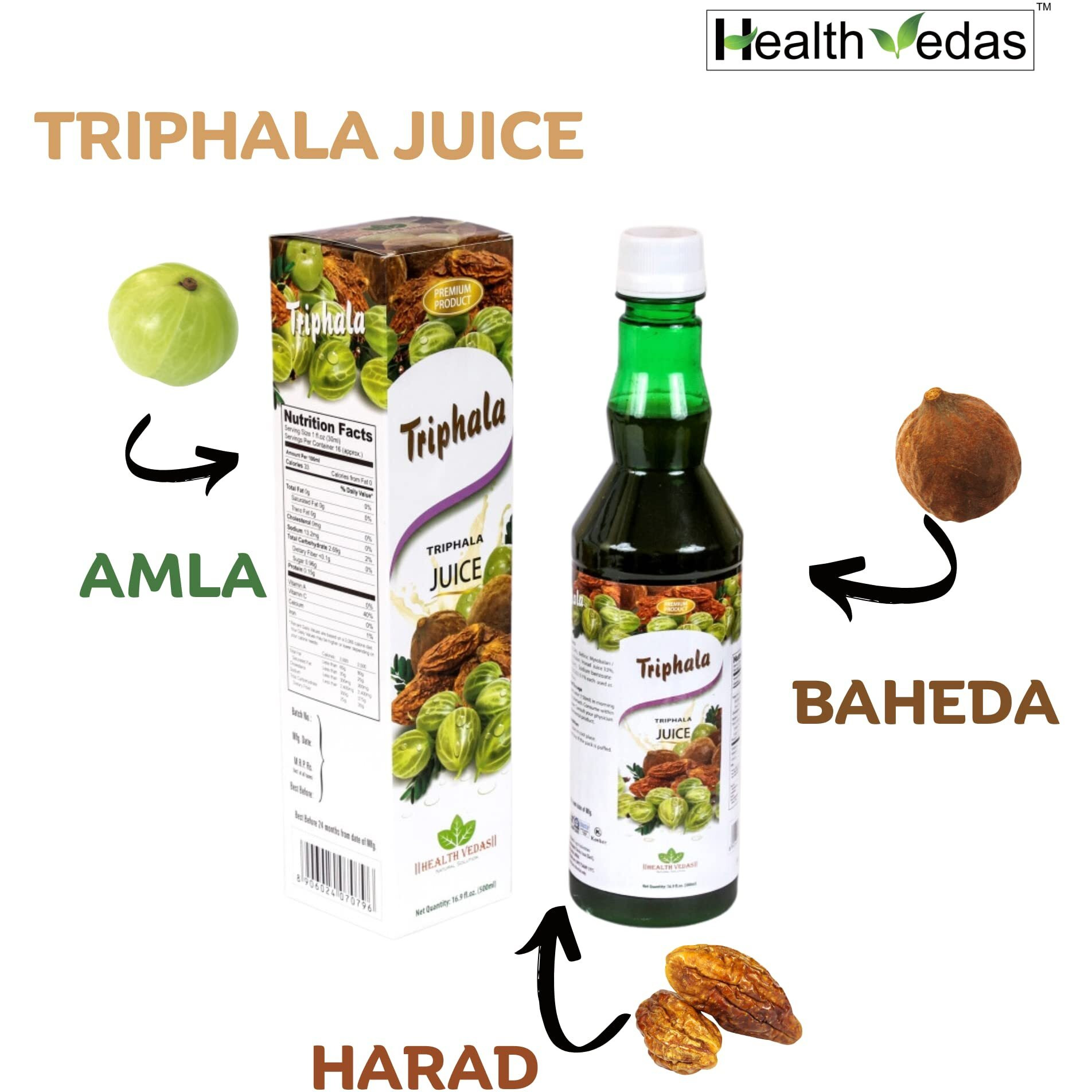 Health Vedas Triphala Juice -Amla Harad Baheda - Digestion, Immunity & Hair - Vegetarian, Zero Added Sugar 500Ml