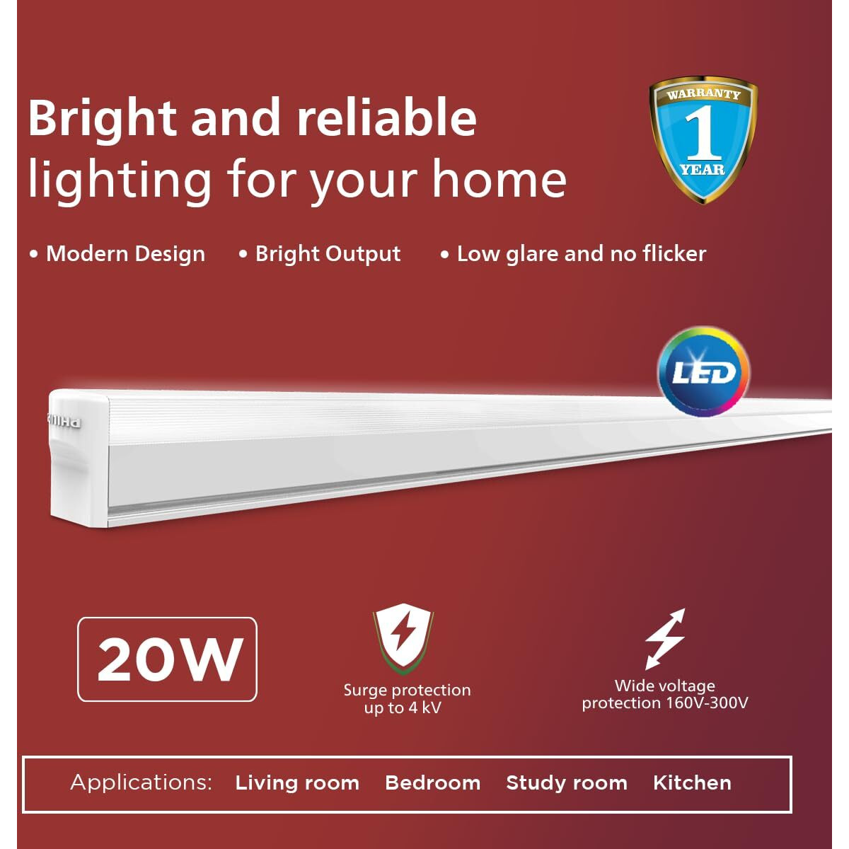Philips 20W Ujjwal Led Batten, Led Tubelight For Home, Cool Day Light, Pack Of 4