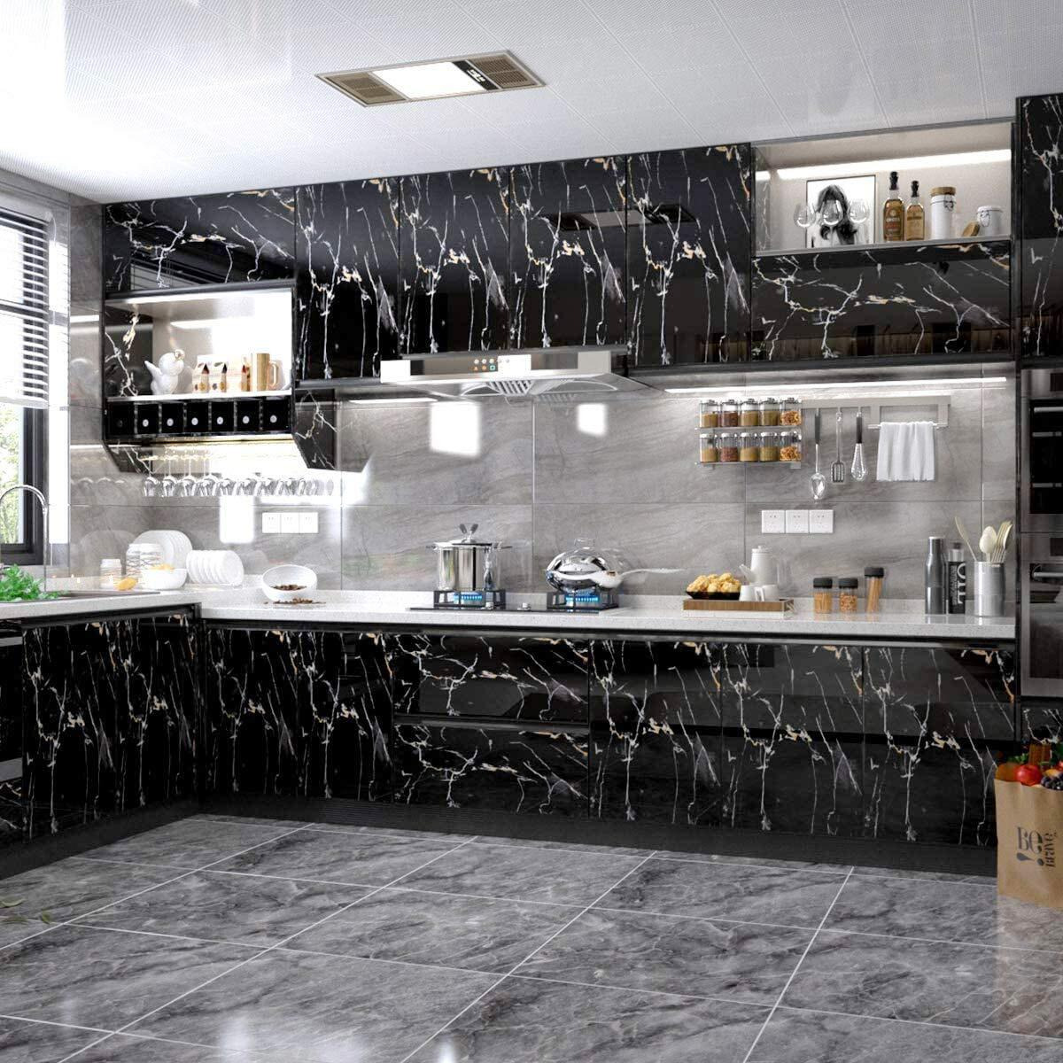 Nareval Marble Wallpaper For Home And Kitchen Marble Wall Paper For Bathroom Design Self Adhesive Waterproof Removable Wall Paper Roll Oil Proof Kitchen Countertop (Size 60 * 200Cm) (Black Gold A20)