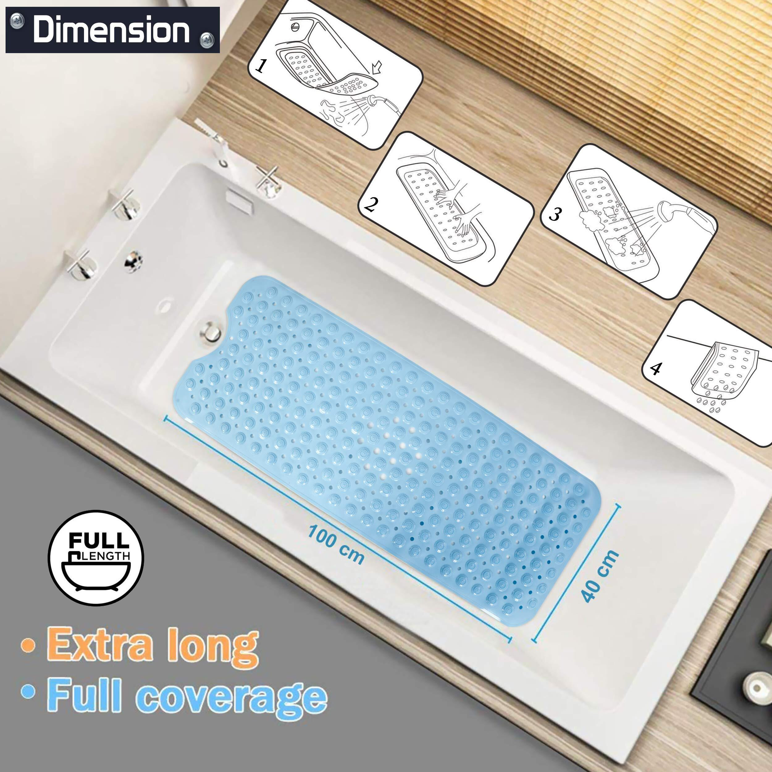 Hokipo Extra Long Bath Tub Mat With Anti-Skid Suction Cups (Blue, Pvc, 40 Cm X 100 Cm)