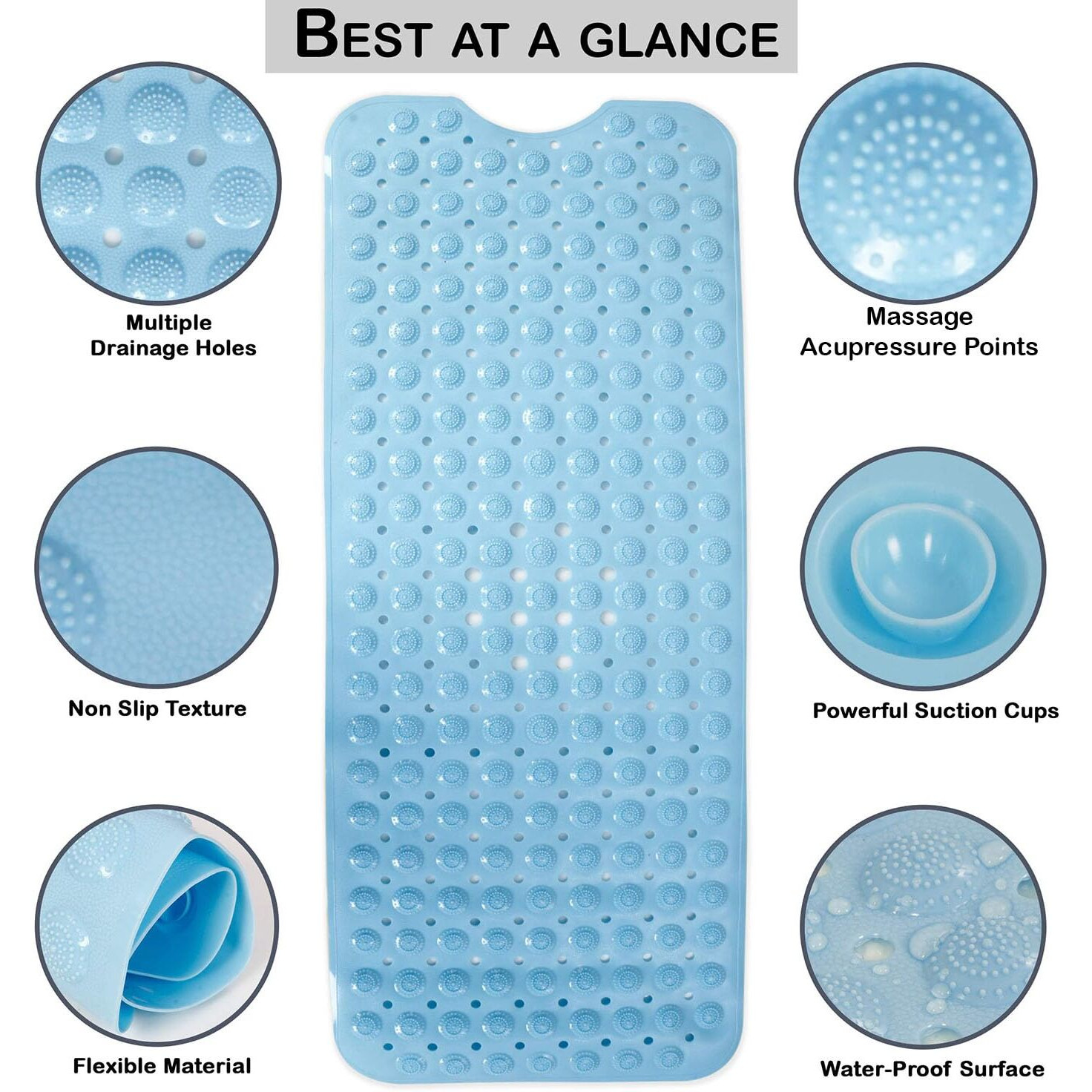 Hokipo Extra Long Bath Tub Mat With Anti-Skid Suction Cups (Blue, Pvc, 40 Cm X 100 Cm)