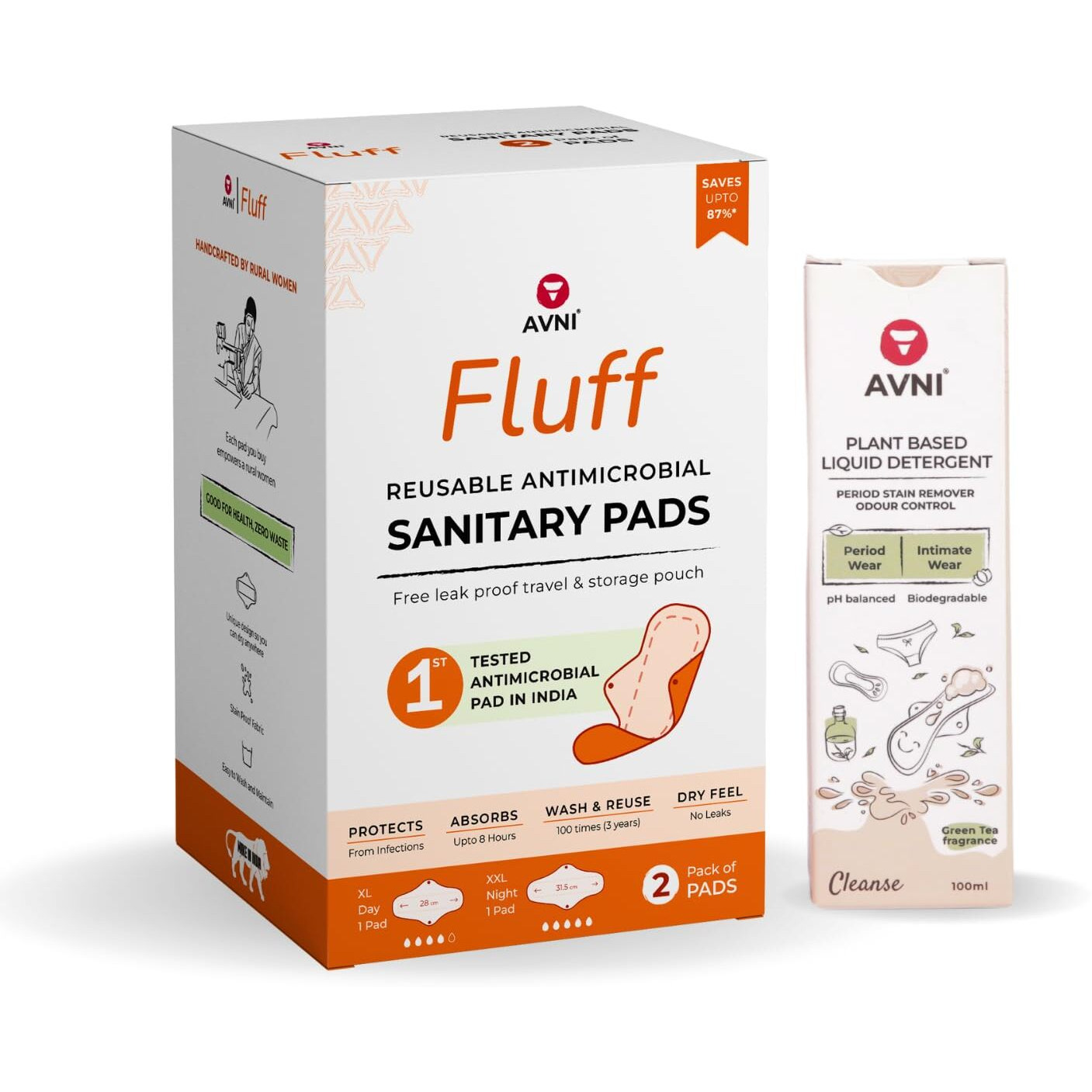 Avni - Fluff Washable Cloth Pads, Pack Of 2 + Sanitary Napkin Natural Cloth Pad Wash - 100Ml | Xxxl (36Cm) + 100Ml Wash, (Combo Pack Of 3)